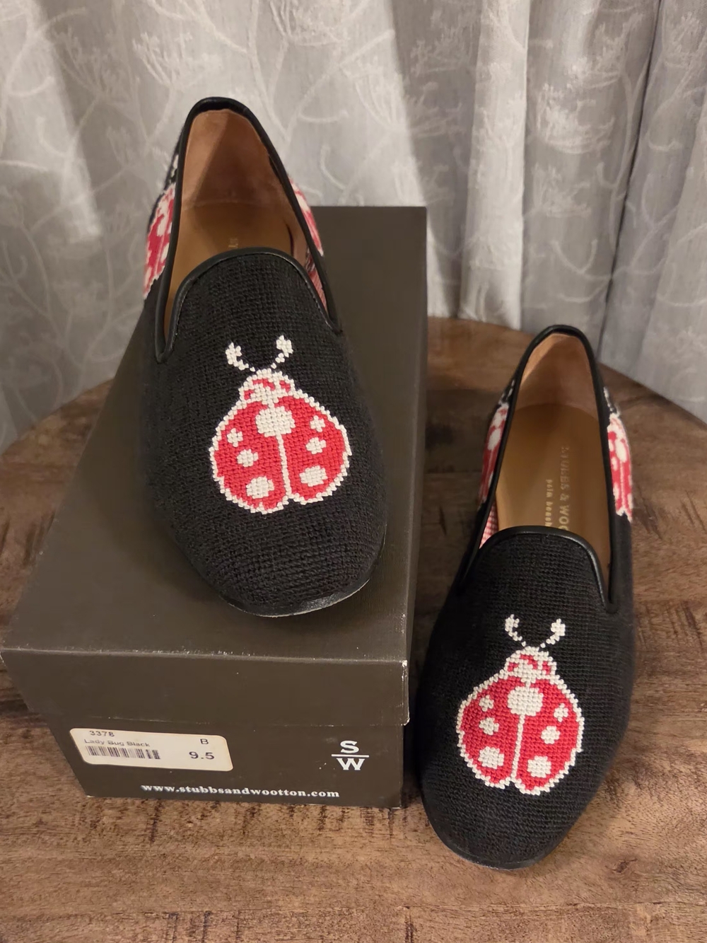 Stubbs & Wootton Lady Bug Black Needlepoint Slippers Loafers - Women’s Size 9.5